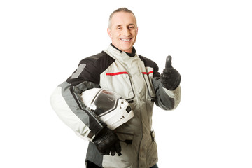 Man in driver costume with thumbs up