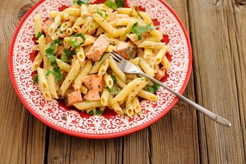 Creamy pasta with salmon and parsley in red plate, copyspace
