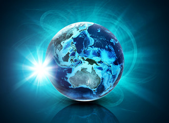 Earth on abstract blue background with glow