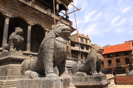 Sculptures of lions, Patan, Kathmandu valley, Nepal