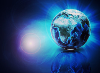Earth on abstract blue background with reflection