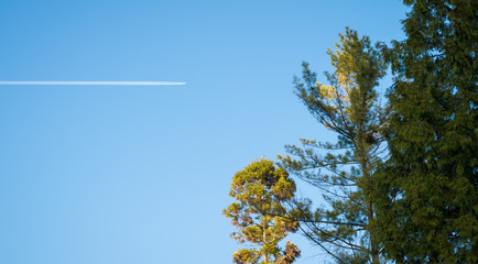 airplane contrail against clear blue sky, vacation concept