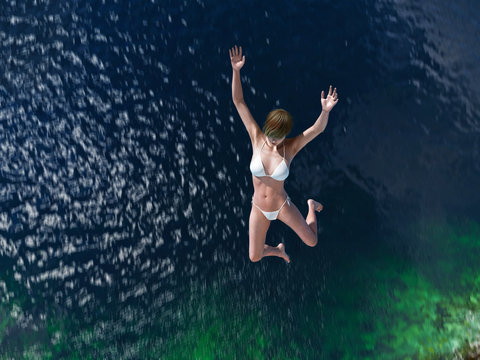 woman jumping in the blue sea