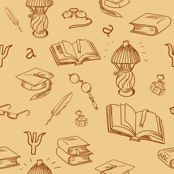 Books library seamless pattern. Reading background -- hand drawn