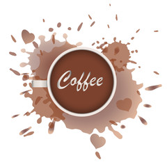 Top view of a cup of coffee with splashes. Vector
