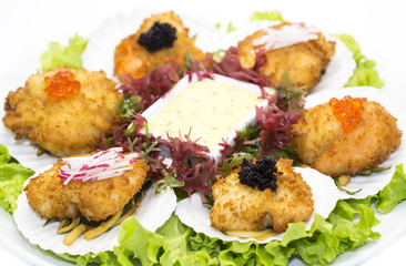 scallops in batter decorated eggs and salad