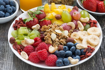 ingredients for a healthy breakfast - berries, fruit and muesli