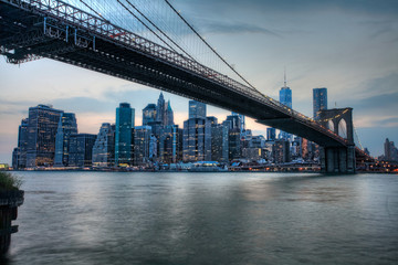 The Brooklyn Bridge with the Manhattan skyline behind