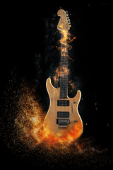 Electric Guitar on fire on Black Background