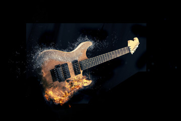 Electric Guitar on fire on Black Background