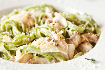 Italian pasta with sauce and parmesan cheese, served on a white 