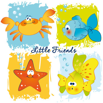 Vector Funny Fishes,Crab and Starfish Card