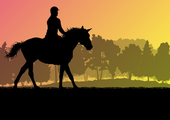 Horseback rider silhouette in nature vector background landscape