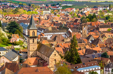 Fototapeta premium View of the church of Saint Gregoire in Ribeauville - France, Al