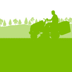Fototapeta na wymiar Man with lawn mover cutting grass vector background ecology conc