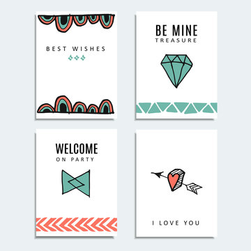 Set of wedding, birthday cards, hipster design, vector