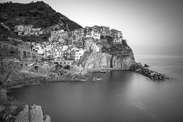 Manarola town in black and white, Liguria in Italy