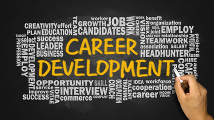 career development with related word cloud hand drawing on black