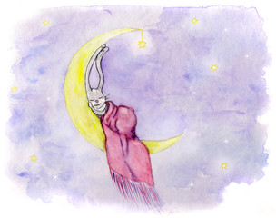 watercolor illustration of a cute bunny sleeping on crescent © Mila Brik