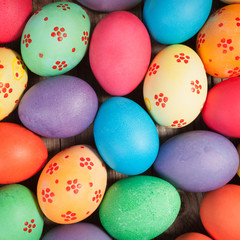 Concept holiday background. Easter eggs photographed from above