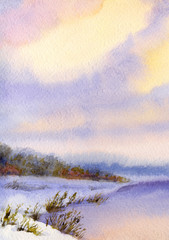 Obrazy na Szkle  Akwarela zimowy krajobraz. Wieczorne niebo nad rzeką
