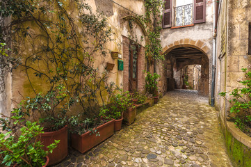 Fototapeta premium Słoneczne starożytne miasto i ulice pięknej Toskanii, Ita