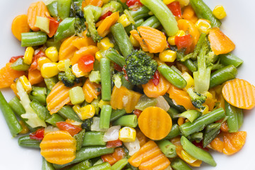 Fried vegetables  in a white plate.