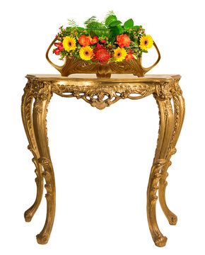 alter antiker Tisch mit Blumenschale