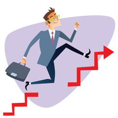 Businessman running up through gaps in the schedule of sales bus