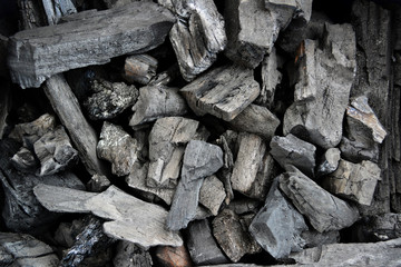 Close up pile of wooden charcoal.