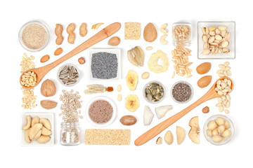 nuts and dried fruits on white background