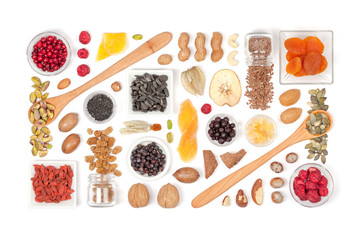nuts and dried fruits on white background