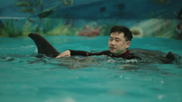 Asian man swim with dolphin