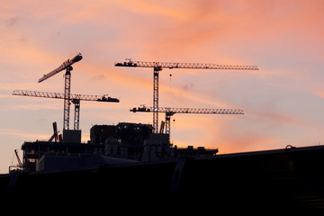   Silhouette of tower cranes over orange sky at sunset