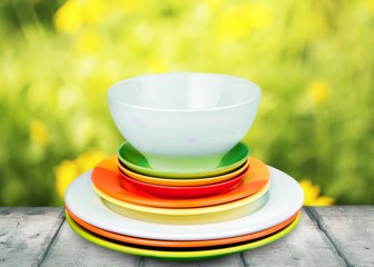 Tableware. Mountain colorful dishes isolated on white