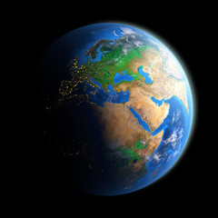 Illuminated face of Earth isolated on black
