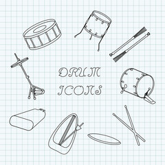 Linear drum icons on the notebook sheet in a cage. Doodle