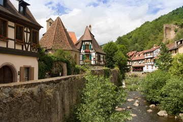 Fototapeta na wymiar Houses and river in Kaysersberg, Alsace, France