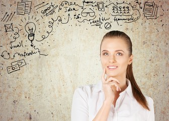 Fototapeta premium Thinking. Businesswoman with question mark over head