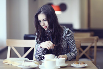 young girl in the cafe, book, reading, coffee
