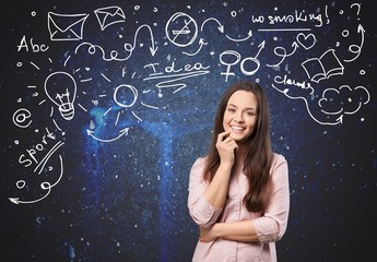 White. Thoughtful woman smiling - isolated over a white