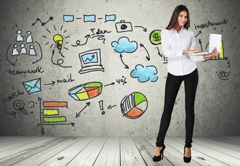Network. Young business woman presenting hand drawn media icon