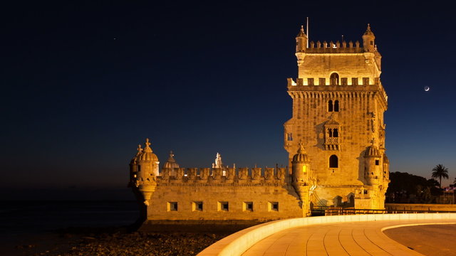 4K night timelapse of the Belem Tower in Lisbon - Portugal - UHD