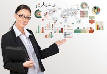 Market. Business woman with colorful graphs and charts concepts