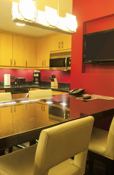 Inside View of Contemporary Yellow Kitchen Interior.