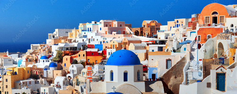 Sticker panorama of famous greece city oia. santorini island