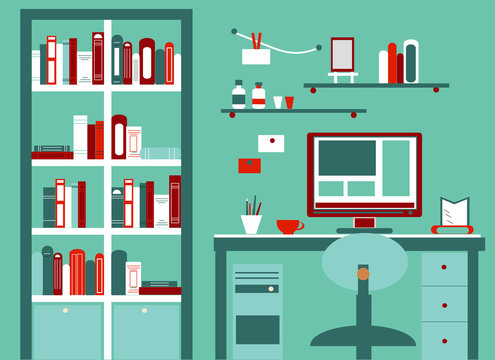 Home workplace flat vector design. Cabinet with library for