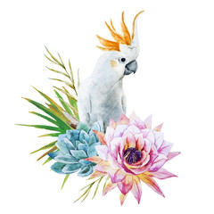 Watercolor parrot with flowers © zenina