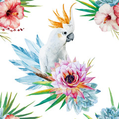 Aquarelpatroon met papegaai en bloemen