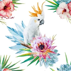 Tapeten Papagei Aquarellmuster mit Papagei und Blumen
